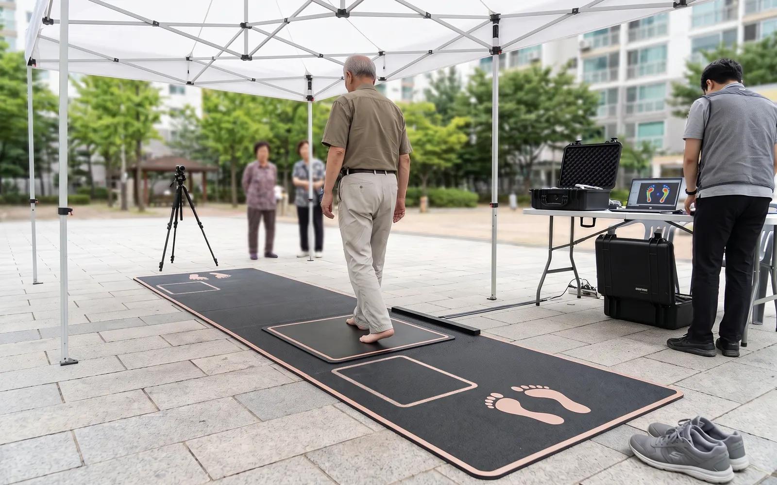 Street clinic (illustrative scene): under a white canopy, a walkway mat with foot-position guides is laid on the paving with the pressure plate in the middle; a resident steps barefoot onto the plate while others wait beyond the walkway, a staff member reviews the foot-pressure map on a laptop at a folding table beside equipment cases, and a tripod camera stands at the far end of the walkway facing back along it